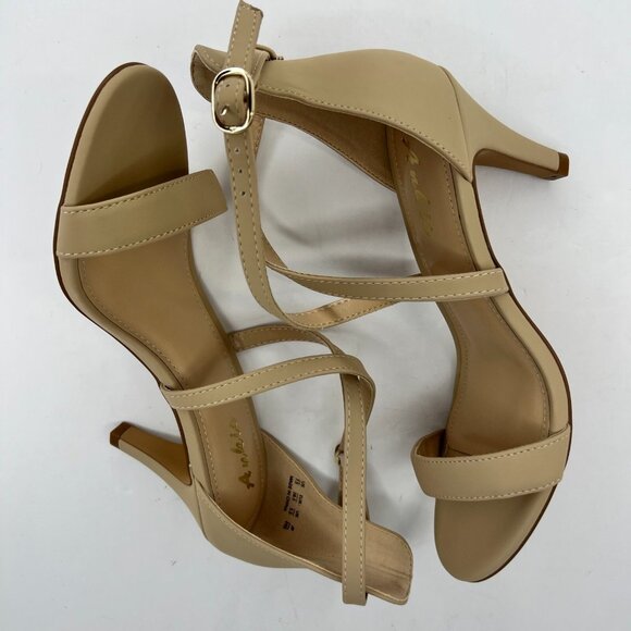 Ankis Womens Nude Gold Cross Strappy Heels Peep Toe Buckle Size 7.5 Stiletto - Picture 7 of 11